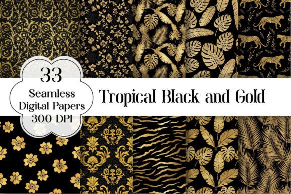 Download Tropical Black and Gold Digital Paper - Black and gold digital paper Collection