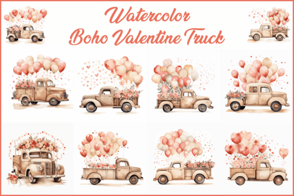 Download 10 Watercolor Boho Valentine Truck JPG - Boho valentine Collection